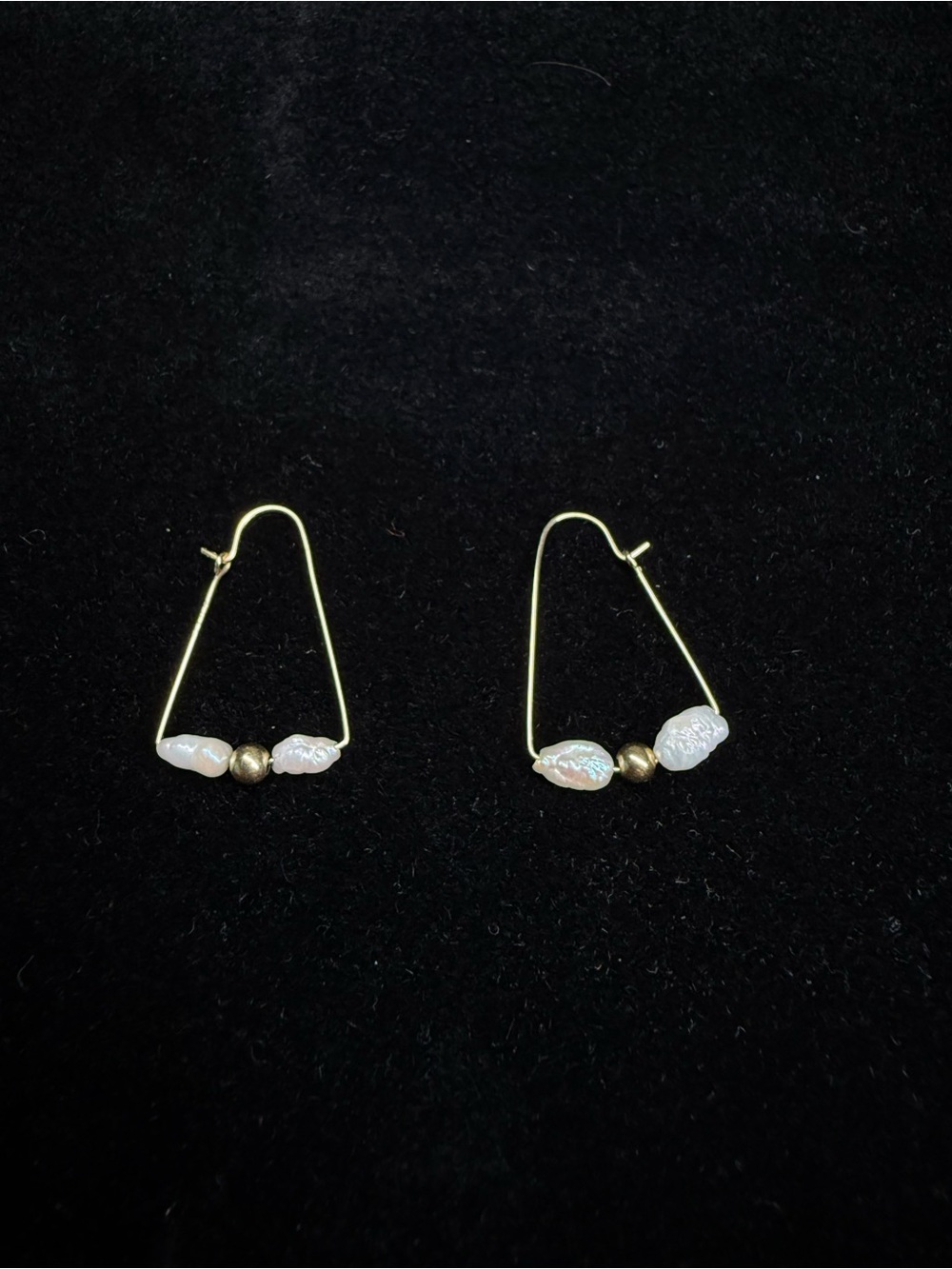 Gold Triangle Hoop Earrings with White Baroque Pearls